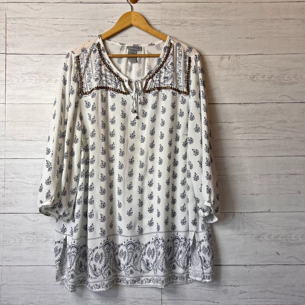 Catherines Blouse Womens Size 1X Blue & White Boho Peasant Metal Embellishments